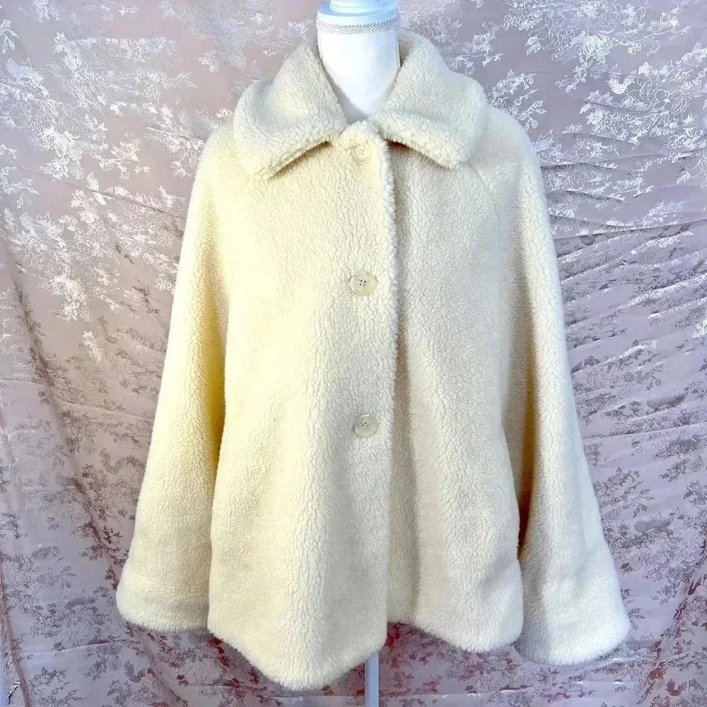 Orvis Cream Sherpa Fleece Teddy Bear Collared 3-Button Jacket Size M